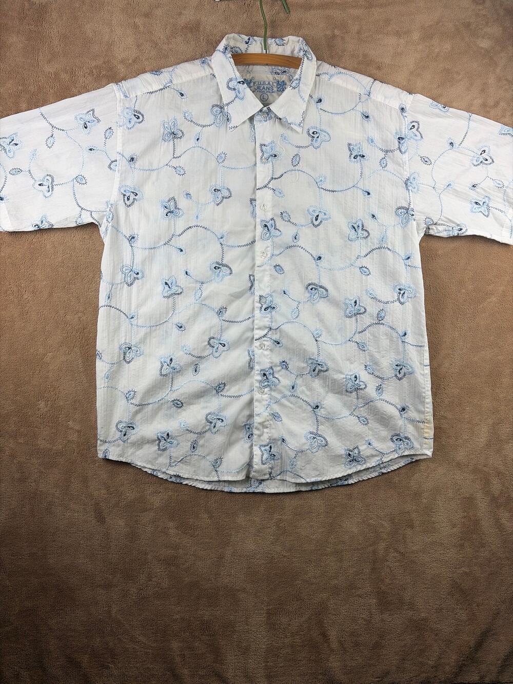 Fusai Jeans Mens Size L Shirt White Blue Embroidered Floral Flower Y2K Casual